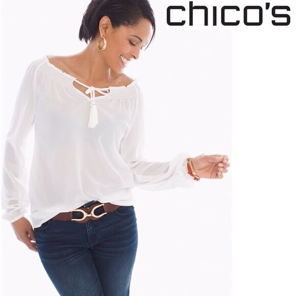 CHICO’S tassel peasant top. NWOT - Picture 1 of 6